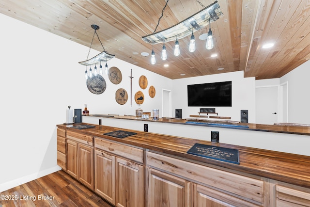 6357 Clore Ln, Crestwood, KY 40014 - kitchen with butcher block counters, wood ceiling, dark wood-style flooring, baseboards, and recessed lighting