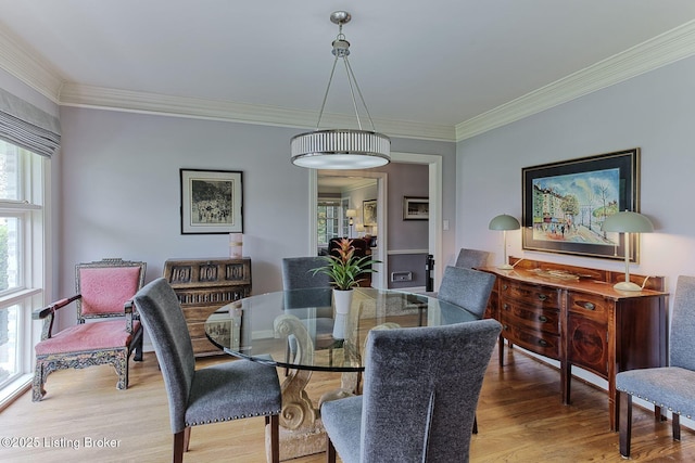 dining area with crown molding, a wealth of natural light, and light wood finished floors