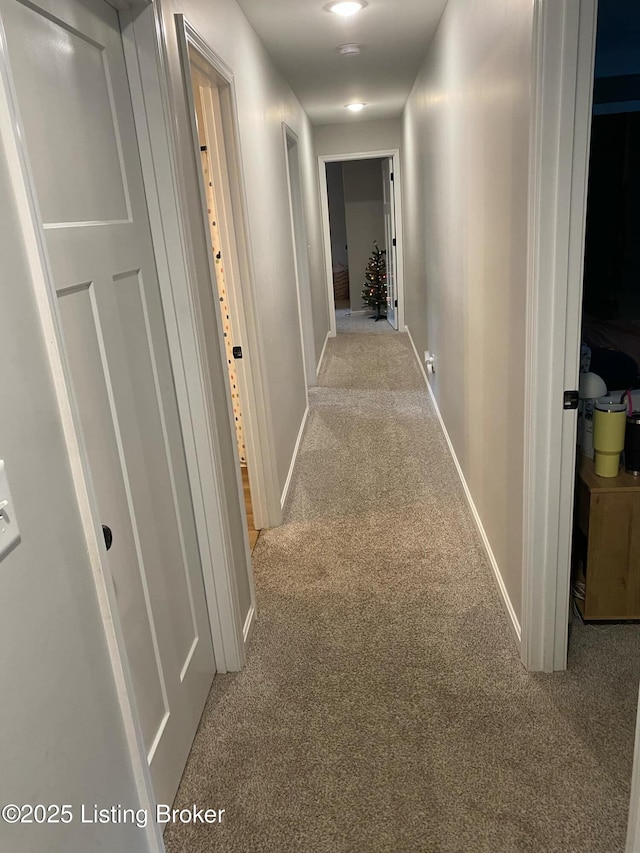hall with baseboards and carpet