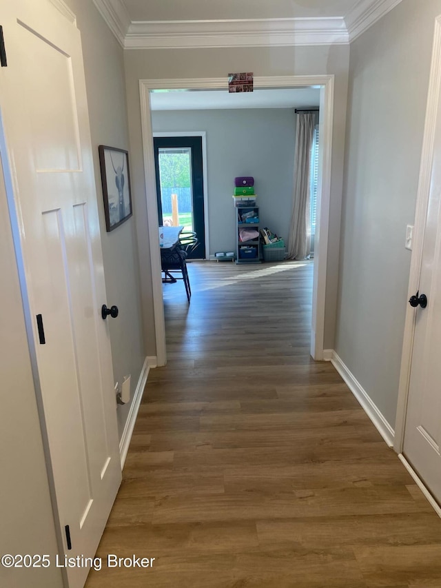 corridor featuring baseboards, wood finished floors, and ornamental molding