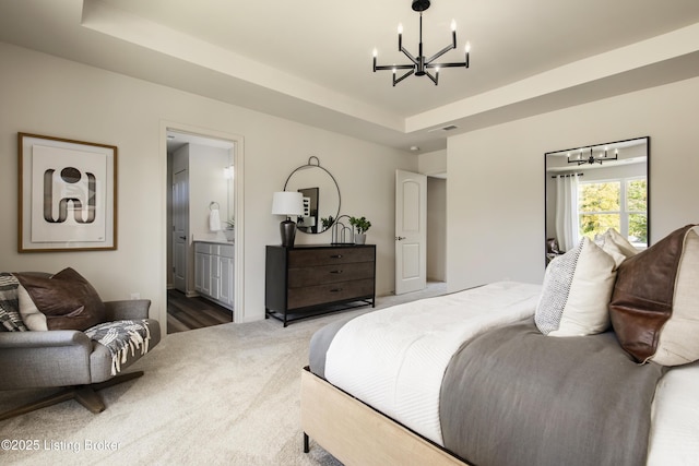 LOT209 Cobblestone Ln, La Grange, KY 40031 - bedroom with a chandelier, a tray ceiling, carpet floors, and connected bathroom