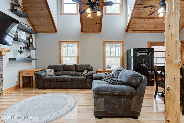 living room featuring wood finished floors, ceiling fan, a healthy amount of sunlight, and high vaulted ceiling