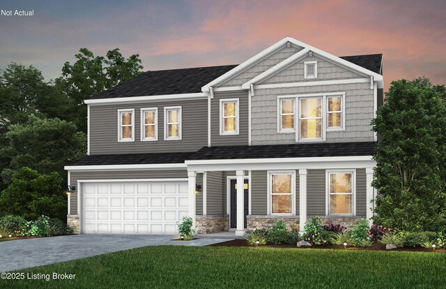 1848 Washington Blvd, Lyndon, KY 40242 - craftsman inspired home featuring an attached garage, concrete driveway, a front lawn, a shingled roof, and stone siding