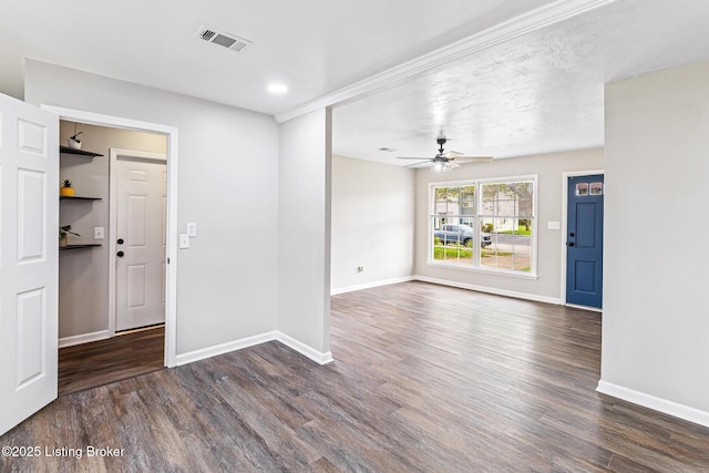 unfurnished living room with visible vents, wood finished floors, baseboards, recessed lighting, and a ceiling fan