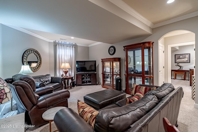 living room with arched walkways, crown molding, carpet flooring, and recessed lighting