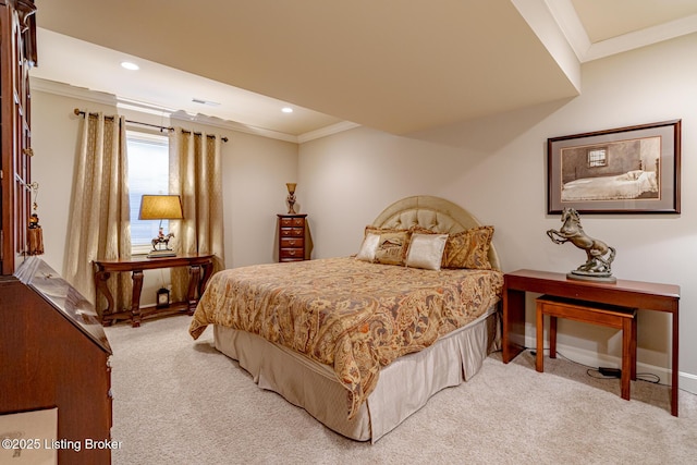 bedroom with recessed lighting, visible vents, crown molding, baseboards, and light colored carpet