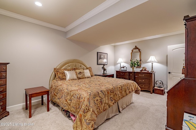 bedroom featuring recessed lighting, crown molding, baseboards, and light carpet