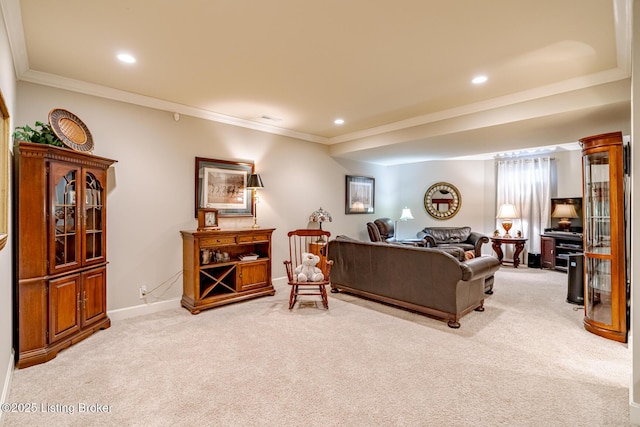 living area featuring recessed lighting, baseboards, light colored carpet, and ornamental molding