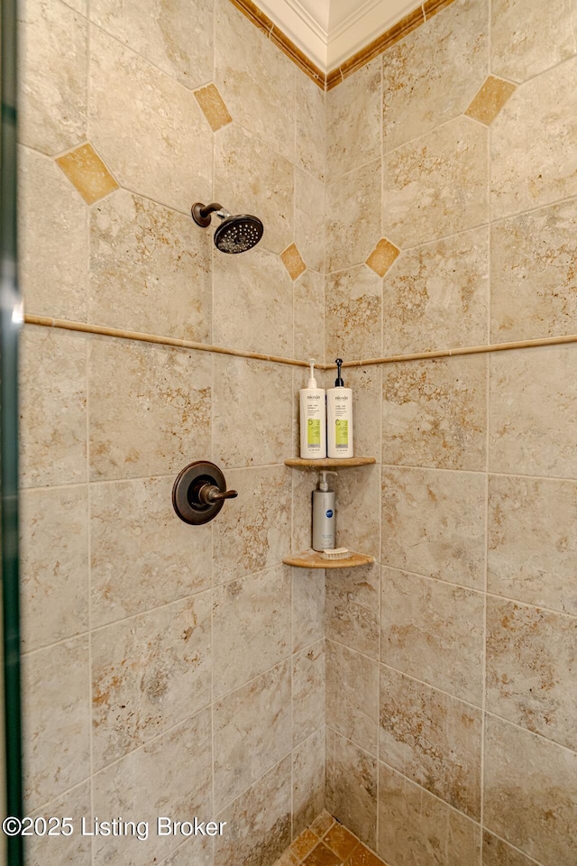room details featuring crown molding and tiled shower
