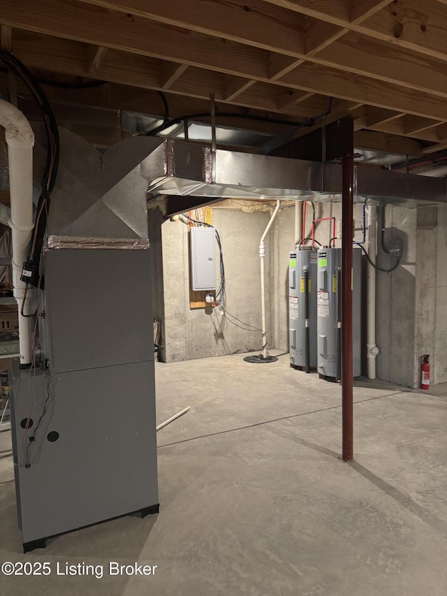 unfinished basement with heating unit, water heater, and electric panel