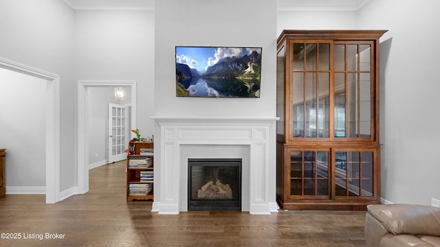 living room featuring wood finished floors, a glass covered fireplace, baseboards, crown molding, and a towering ceiling