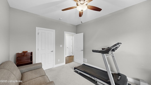 workout area featuring visible vents, ceiling fan, carpet floors, and baseboards