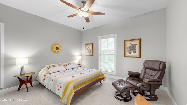 bedroom featuring carpet, ceiling fan, and baseboards