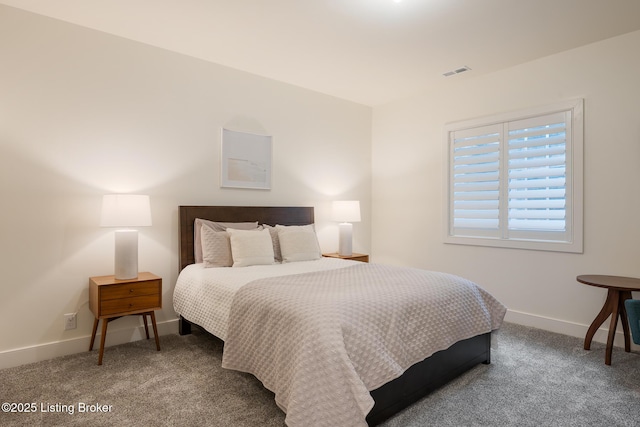 bedroom featuring carpet, visible vents, and baseboards