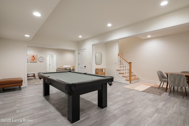 playroom featuring recessed lighting, light wood-style floors, baseboards, and billiards