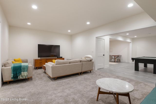 living room with recessed lighting, light wood finished floors, and pool table