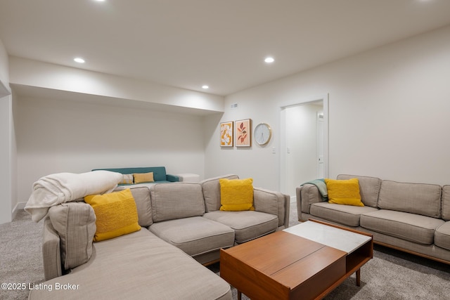 living room featuring carpet flooring and recessed lighting