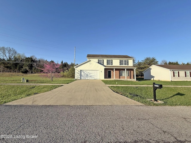 traditional-style home featuring a front yard, driveway, an attached garage, and brick siding