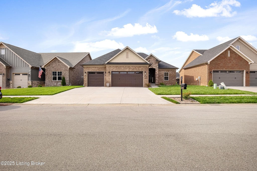 7013 Equine Ave, Sellersburg, IN 47172 - view of front of home with brick siding, an attached garage, a front yard, and concrete driveway