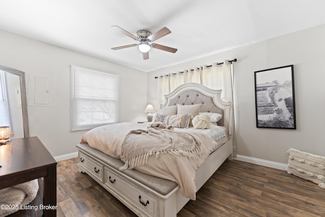 bedroom featuring ceiling fan, baseboards, and dark wood-style flooring