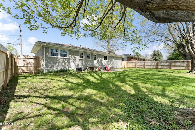 rear view of house with brick siding, a lawn, and a fenced backyard