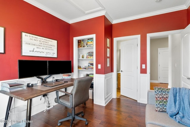 office space featuring a wainscoted wall, attic access, dark wood-style flooring, and ornamental molding