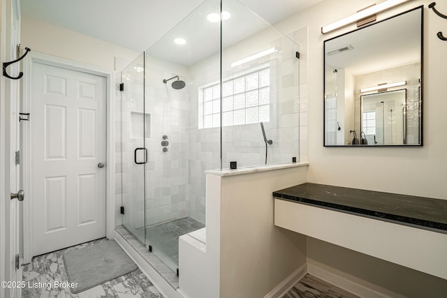 8805 Eli Dr, Louisville, KY 40291 - full bath with a shower stall, marble finish floor, visible vents, and recessed lighting
