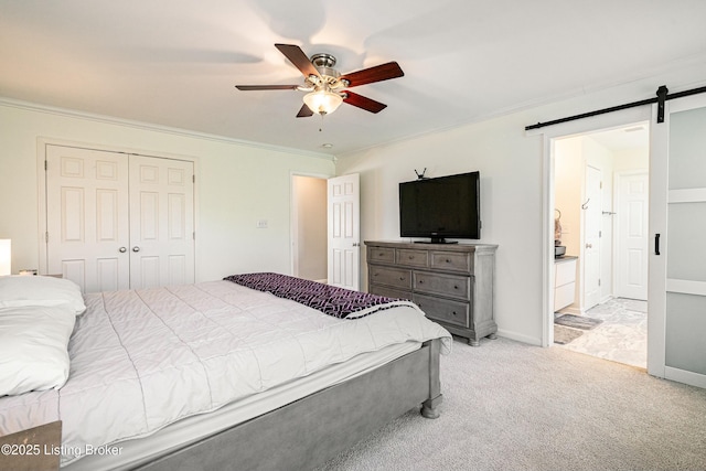8805 Eli Dr, Louisville, KY 40291 - bedroom featuring light carpet, a barn door, a ceiling fan, a closet, and ornamental molding
