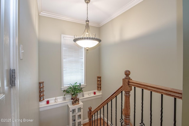 stairs featuring crown molding