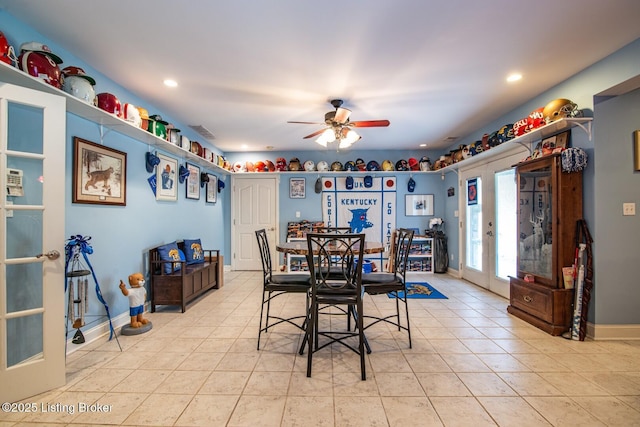 dining area featuring recessed lighting, ceiling fan, baseboards, and light tile patterned floors