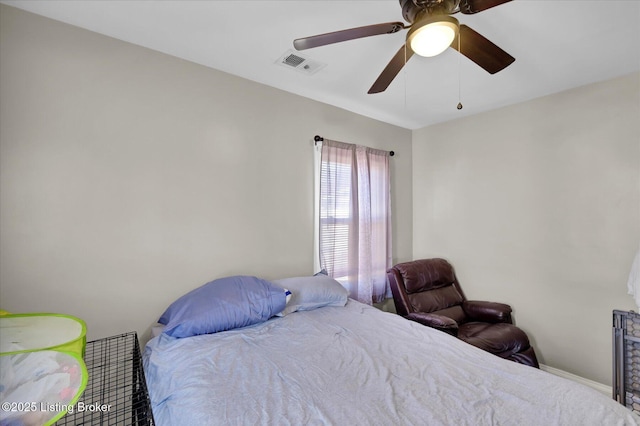 bedroom featuring visible vents and ceiling fan