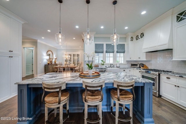kitchen with stainless steel appliances, a kitchen island, crown molding, decorative backsplash, and custom range hood