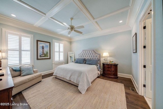 bedroom with dark wood-type flooring, baseboards, ornamental molding, and coffered ceiling