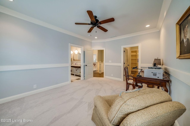 interior space with carpet flooring, baseboards, recessed lighting, ceiling fan, and crown molding