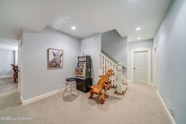 interior space featuring baseboards, carpet floors, visible vents, and recessed lighting