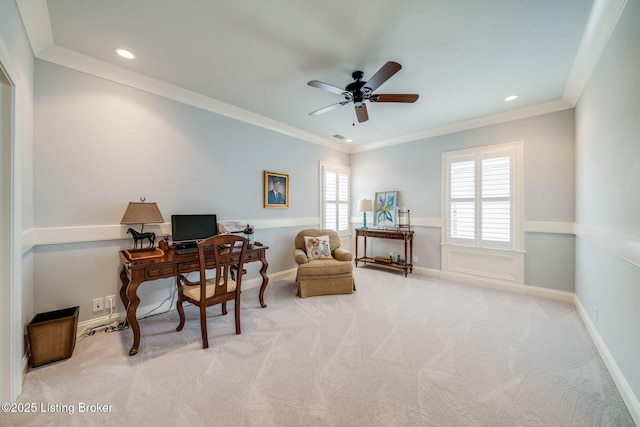 office area featuring recessed lighting, light carpet, ornamental molding, baseboards, and ceiling fan