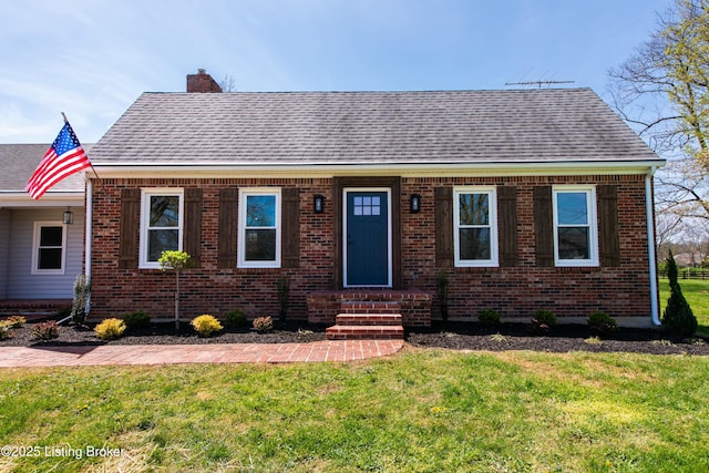 9004 Old Bardstown Rd Rd, Louisville, KY 40291 - view of front of house featuring a chimney, a front lawn, roof with shingles, brick siding, and entry steps