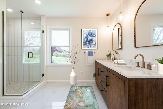 9004 Old Bardstown Rd Rd, Louisville, KY 40291 - full bath with double vanity, a stall shower, baseboards, tile patterned floors, and recessed lighting