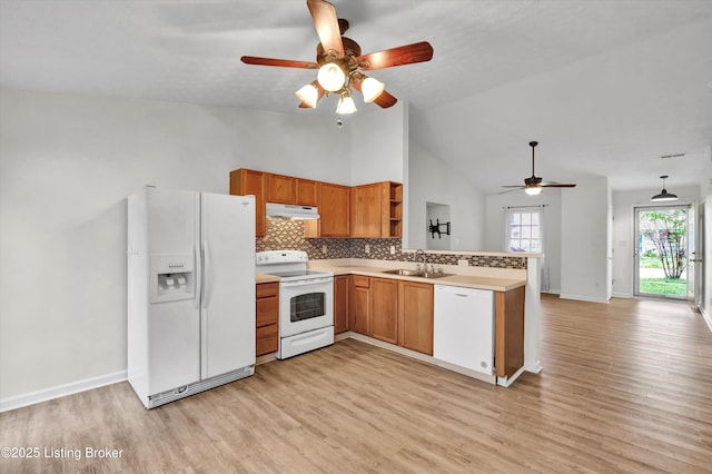 kitchen featuring under cabinet range hood, open shelves, white appliances, a peninsula, and ceiling fan