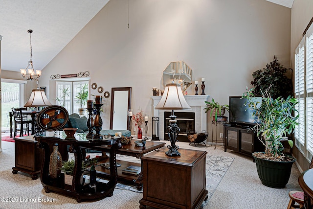 12305 Dominion Way, Louisville, KY 40299 - living area with a tile fireplace, baseboards, carpet flooring, high vaulted ceiling, and a notable chandelier