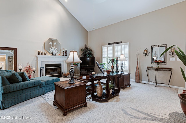 12305 Dominion Way, Louisville, KY 40299 - living area featuring a fireplace, baseboards, high vaulted ceiling, and light carpet