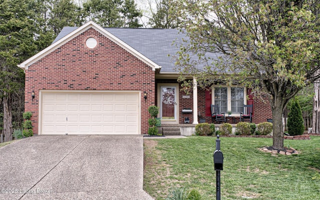 12305 Dominion Way, Louisville, KY 40299 - ranch-style home with covered porch, concrete driveway, brick siding, an attached garage, and a front yard