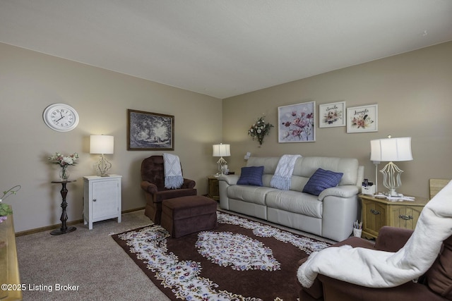 living area featuring baseboards and carpet
