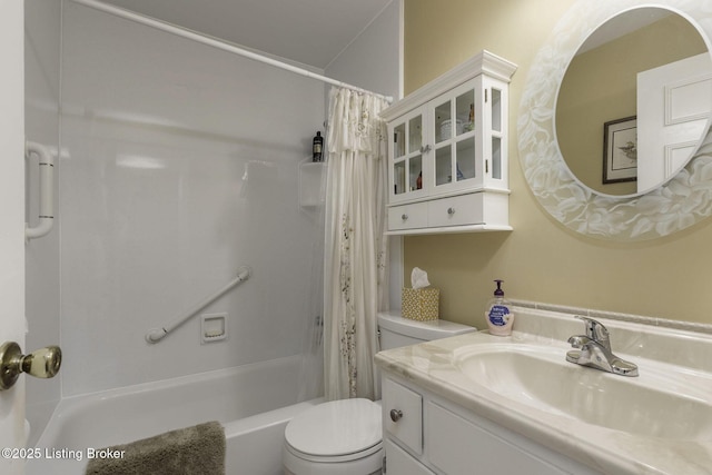 bathroom featuring vanity, shower / bathtub combination with curtain, and toilet