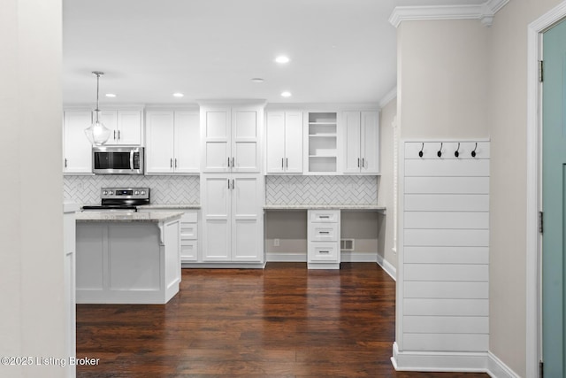 kitchen featuring tasteful backsplash, recessed lighting, white cabinetry, open shelves, and appliances with stainless steel finishes