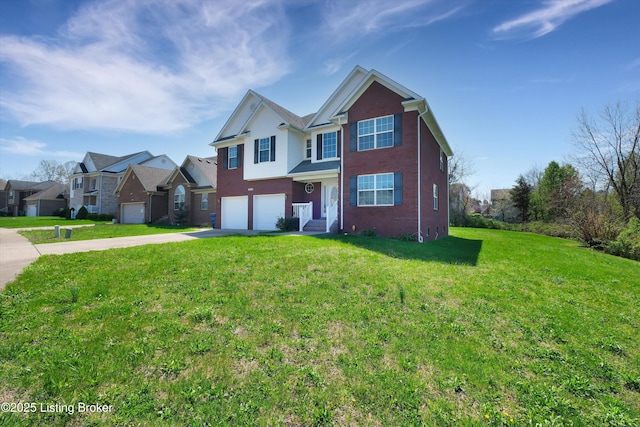 traditional home featuring a residential view, a front lawn, driveway, a garage, and brick siding