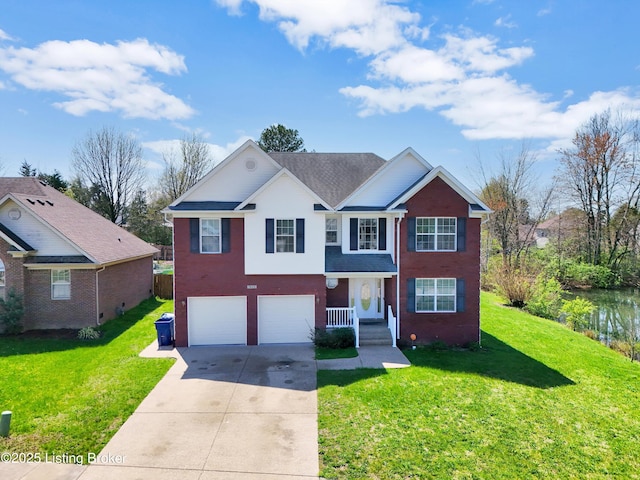 view of front facade featuring brick siding, an attached garage, driveway, and a front lawn