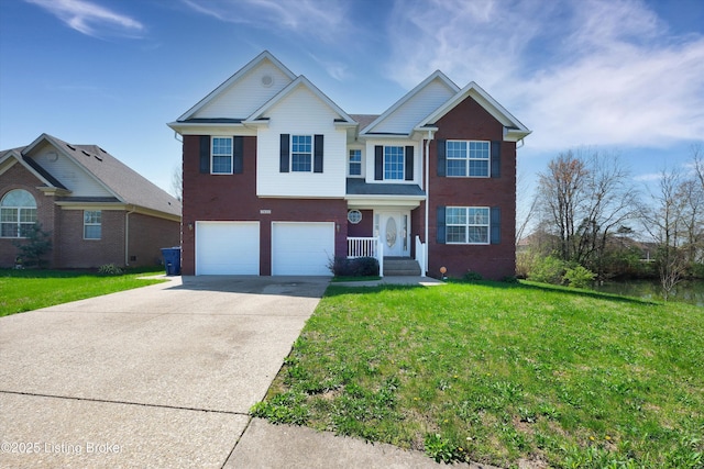 traditional home featuring an attached garage, a front yard, and concrete driveway