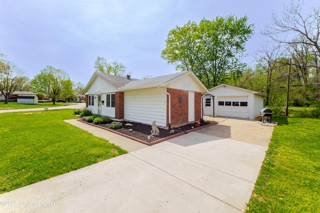215 Bottorff Dr, Sellersburg, IN 47172 - view of front of home with a front lawn, an outdoor structure, driveway, brick siding, and a garage