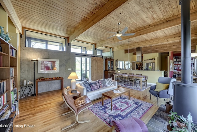 living room with beamed ceiling, wood finished floors, ceiling fan, wood ceiling, and a wood stove